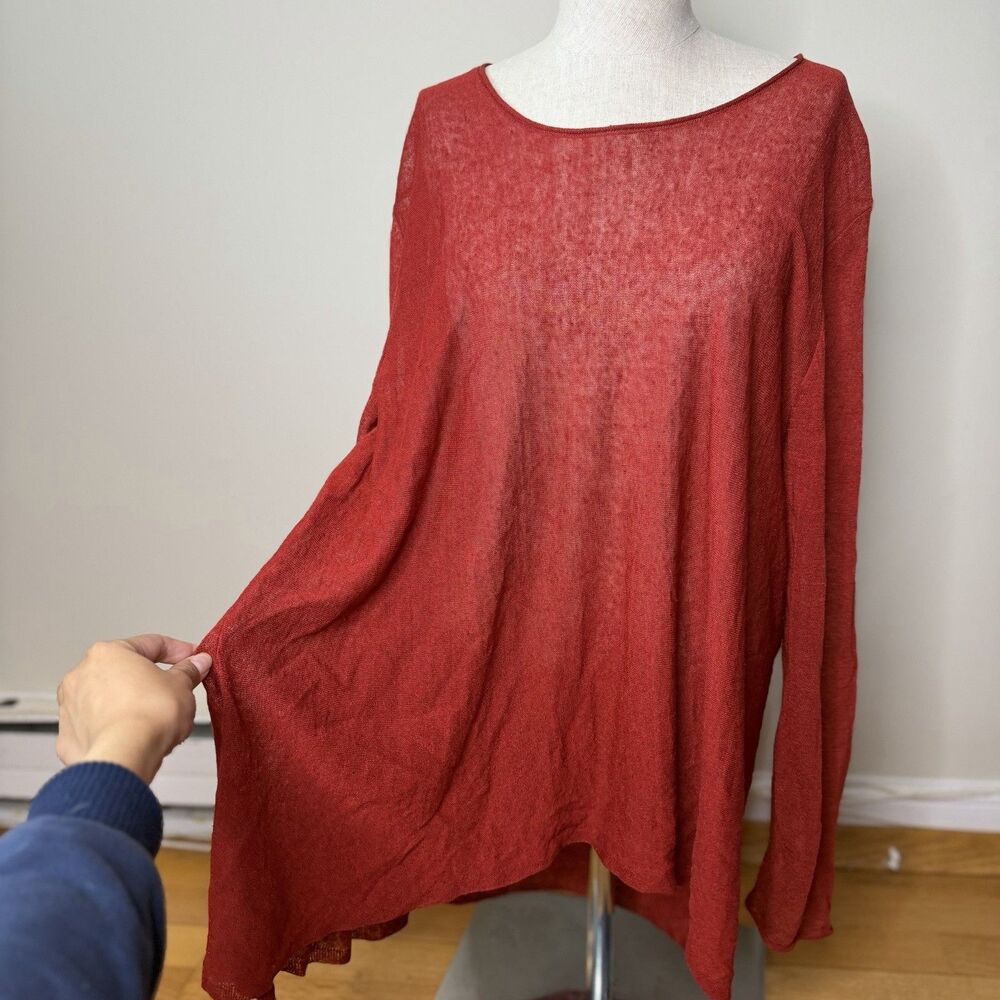 Eileen Fisher Fine Organic Linen Crepe Knit Pullover Sweater Red L EUC Sheer